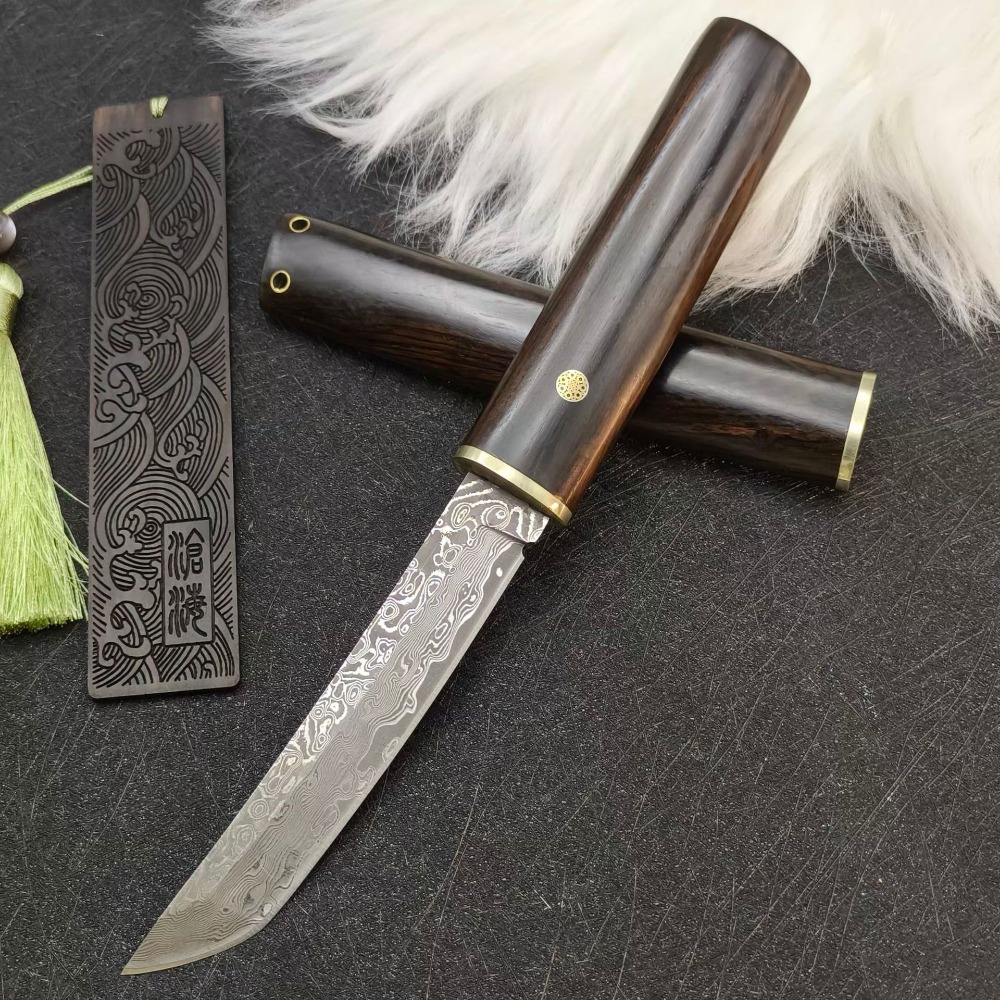 Bushcraft Knife Fixed - High Hardness VG10 Damascus Tanto Blade